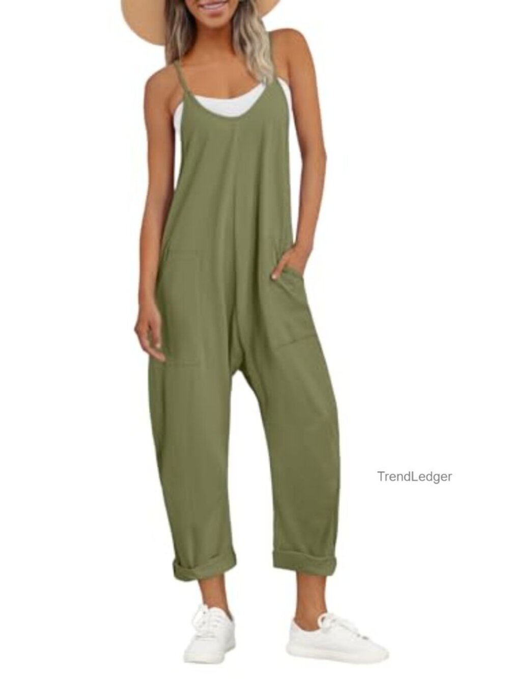 AUTOMET Womens Spaghetti Strap Jumpsuit Loose Fit V-Neck Sleeveless Romper